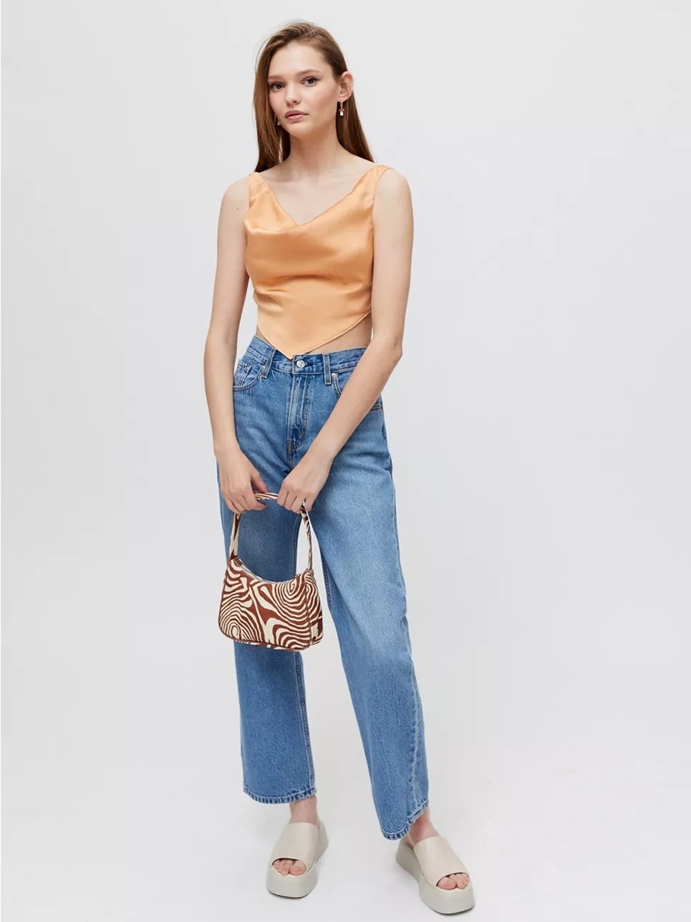 Satin Cowl Neck Crop Top in Peach